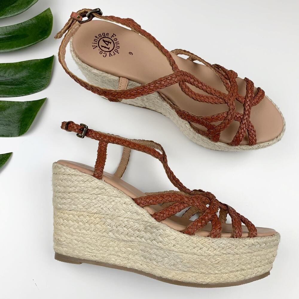 Vintage Foundry Co. Eloise Wedge Sandals Brown Leather Espadrille Women's 9